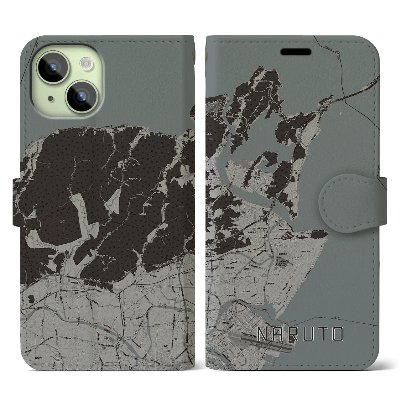 【鳴門(徳島県)】地図柄iPhoneケース(手帳タイプ)モノトーン・iPhone 15 用