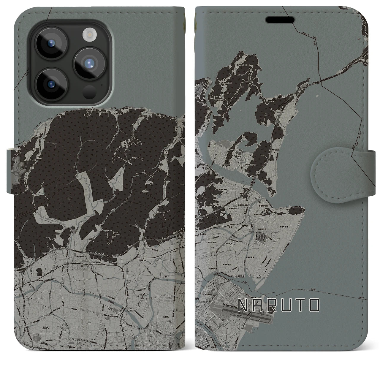 【鳴門(徳島県)】地図柄iPhoneケース(手帳タイプ)モノトーン・iPhone 15 Pro Max 用