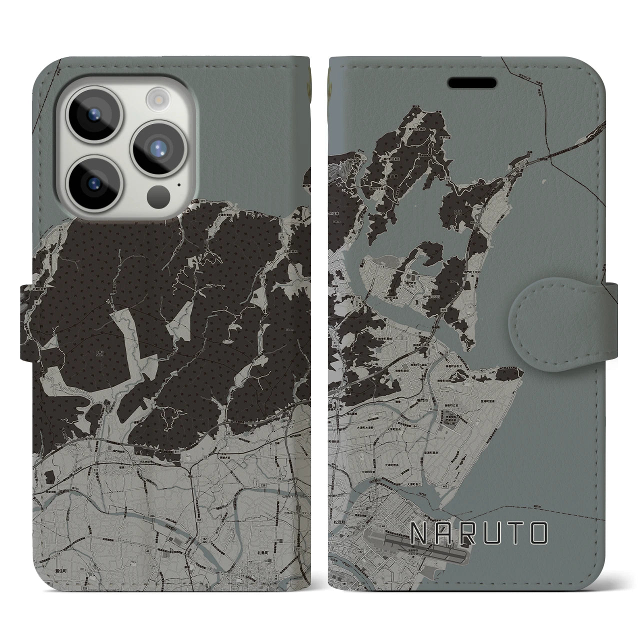 【鳴門(徳島県)】地図柄iPhoneケース(手帳タイプ)モノトーン・iPhone 15 Pro 用