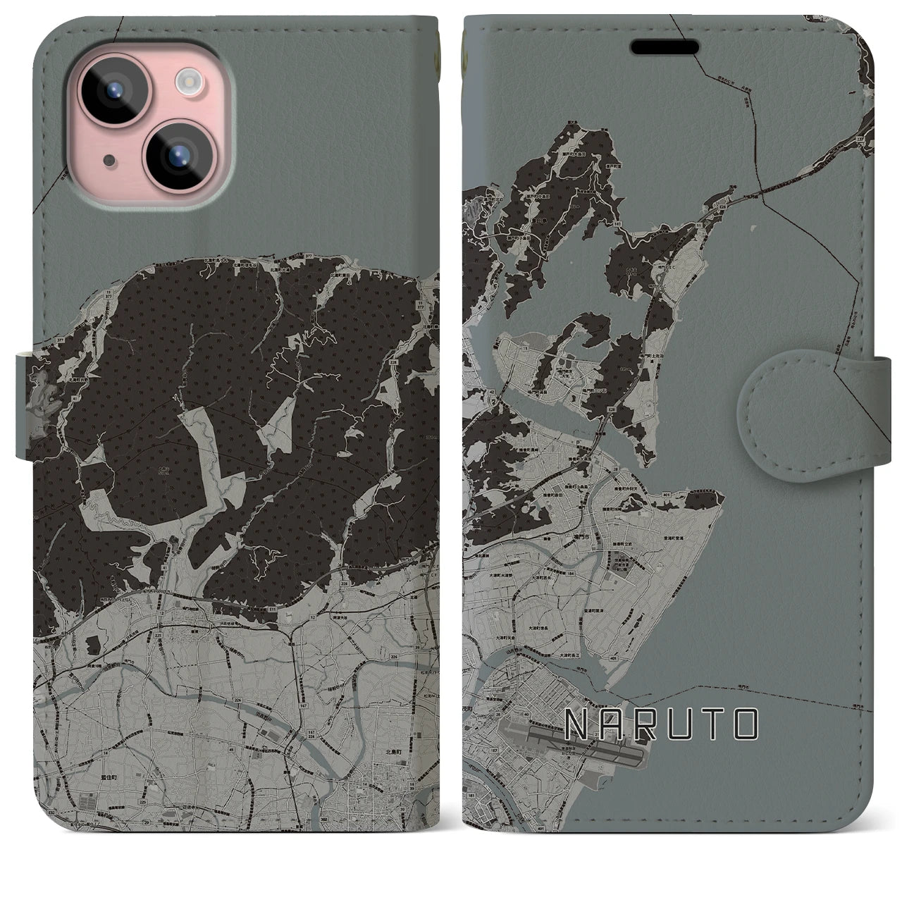 【鳴門(徳島県)】地図柄iPhoneケース(手帳タイプ)モノトーン・iPhone 15 Plus 用
