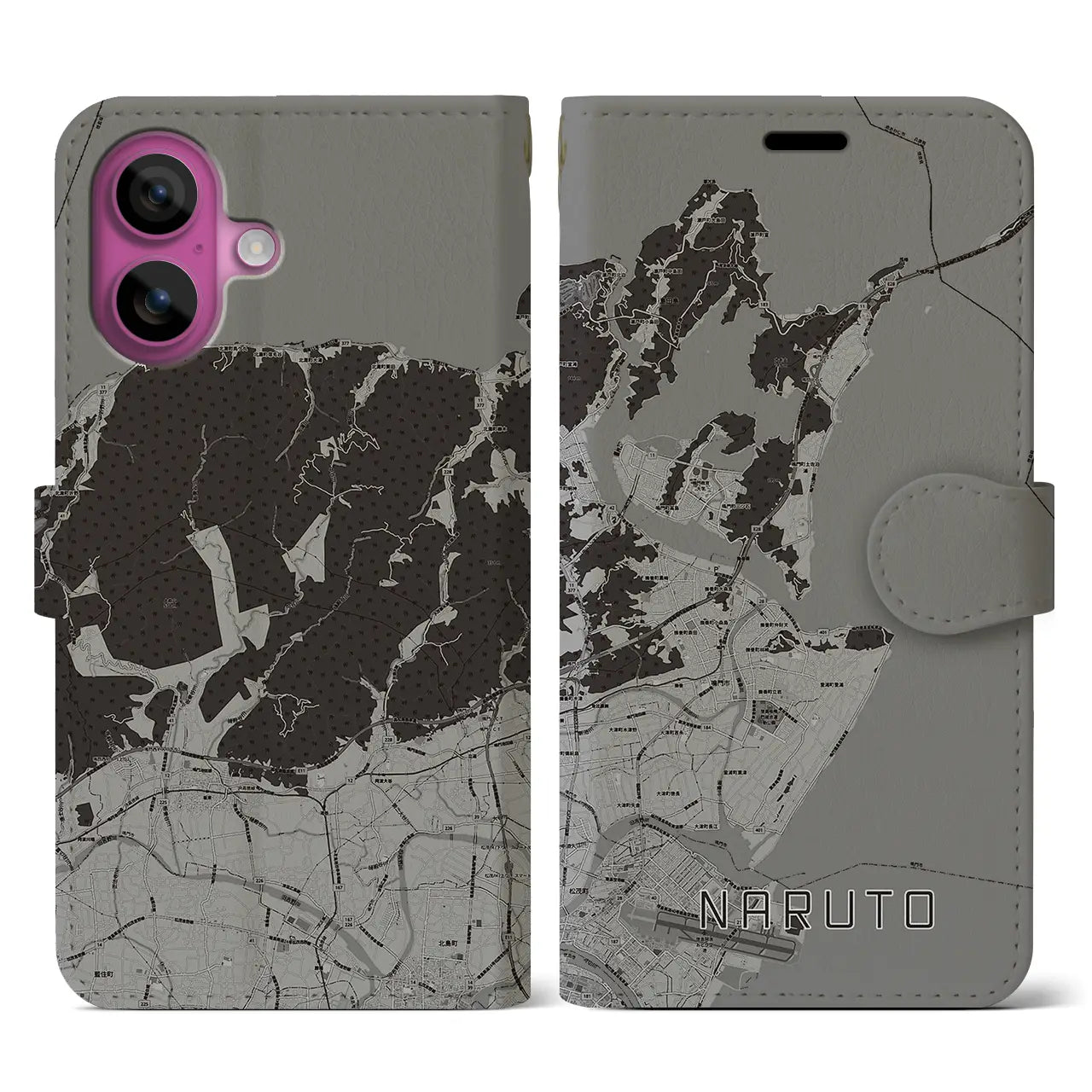 【鳴門(徳島県)】地図柄iPhoneケース(手帳タイプ)モノトーン・iPhone 16 Pro 用