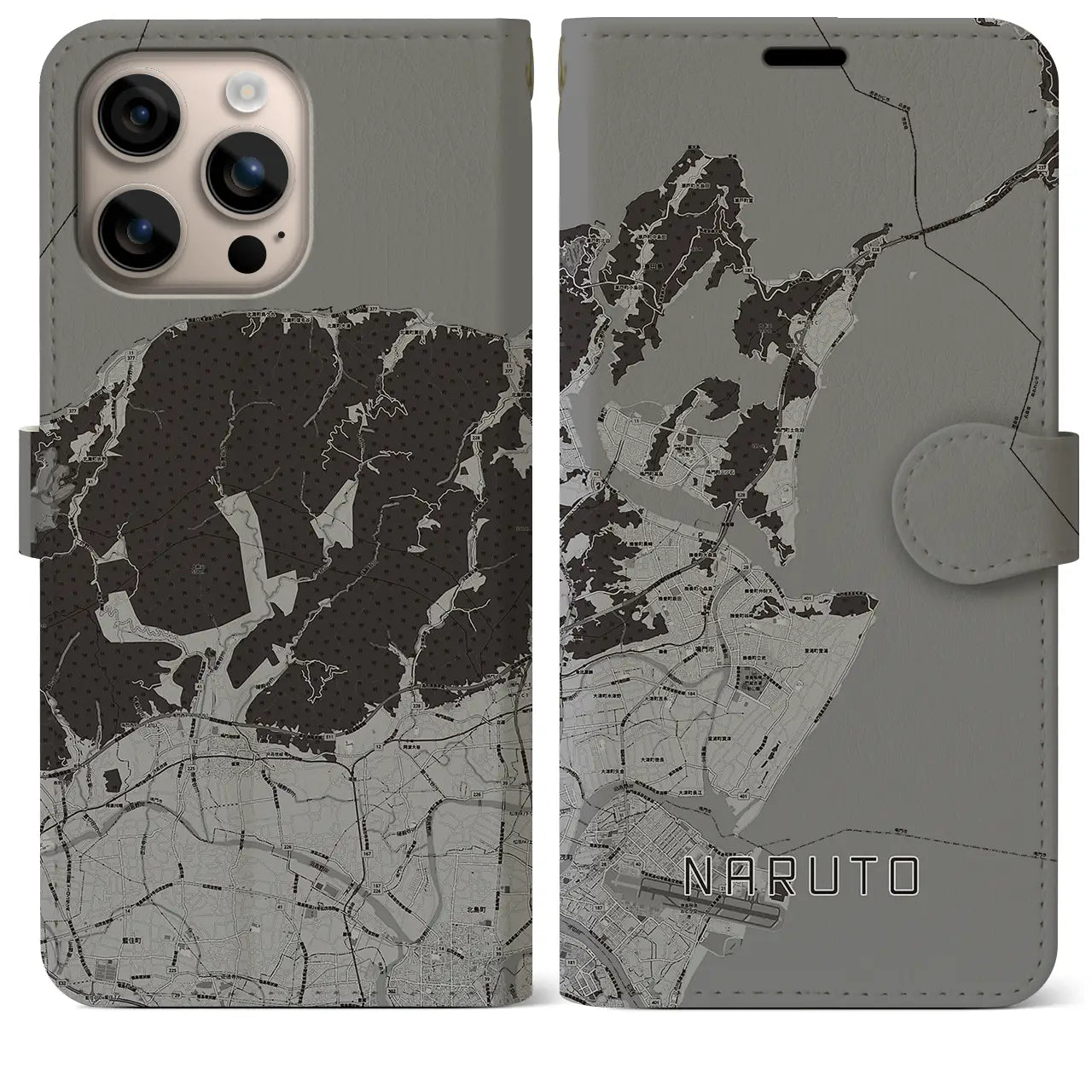 【鳴門(徳島県)】地図柄iPhoneケース(手帳タイプ)モノトーン・iPhone 16 Plus 用