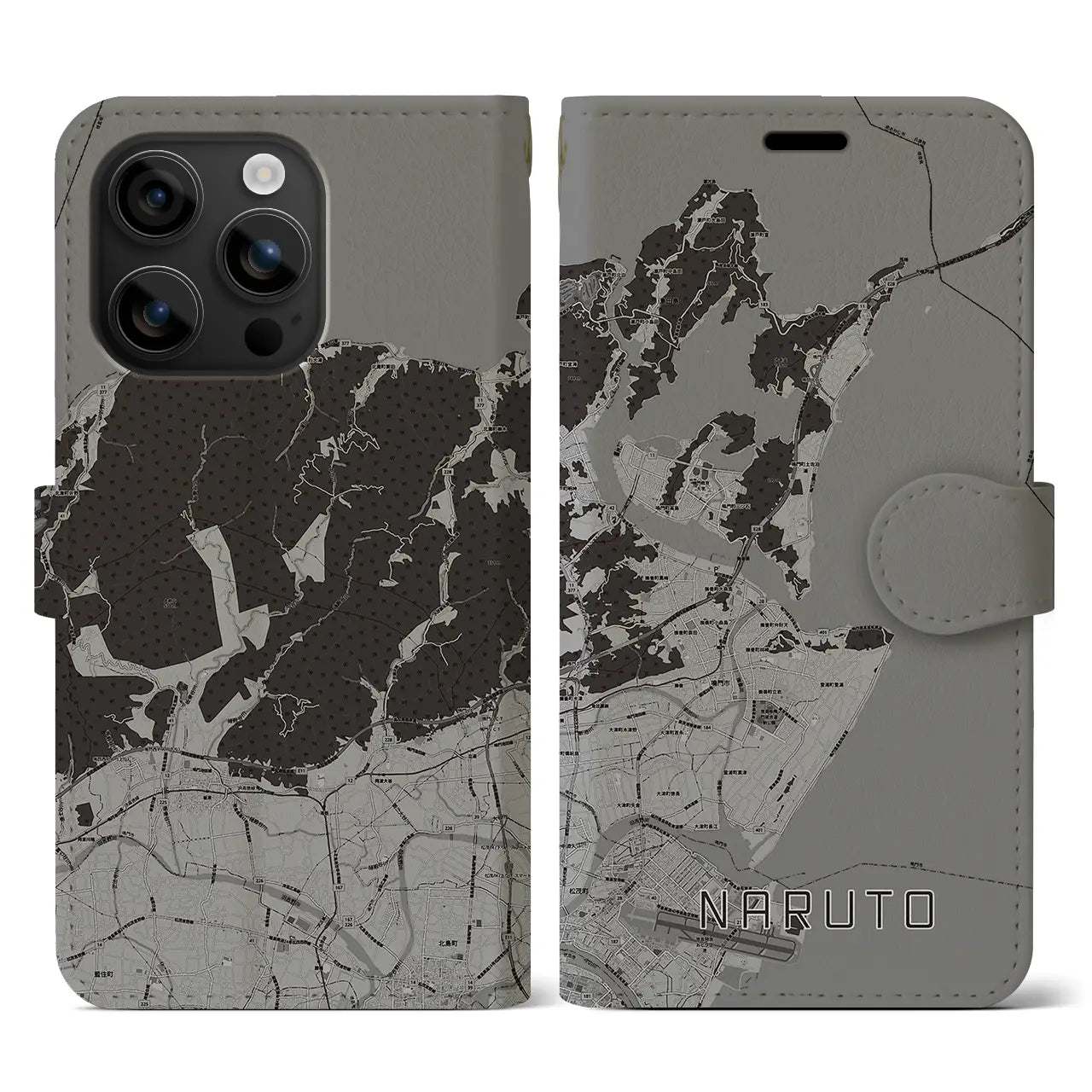 【鳴門(徳島県)】地図柄iPhoneケース(手帳タイプ)モノトーン・iPhone 16 用