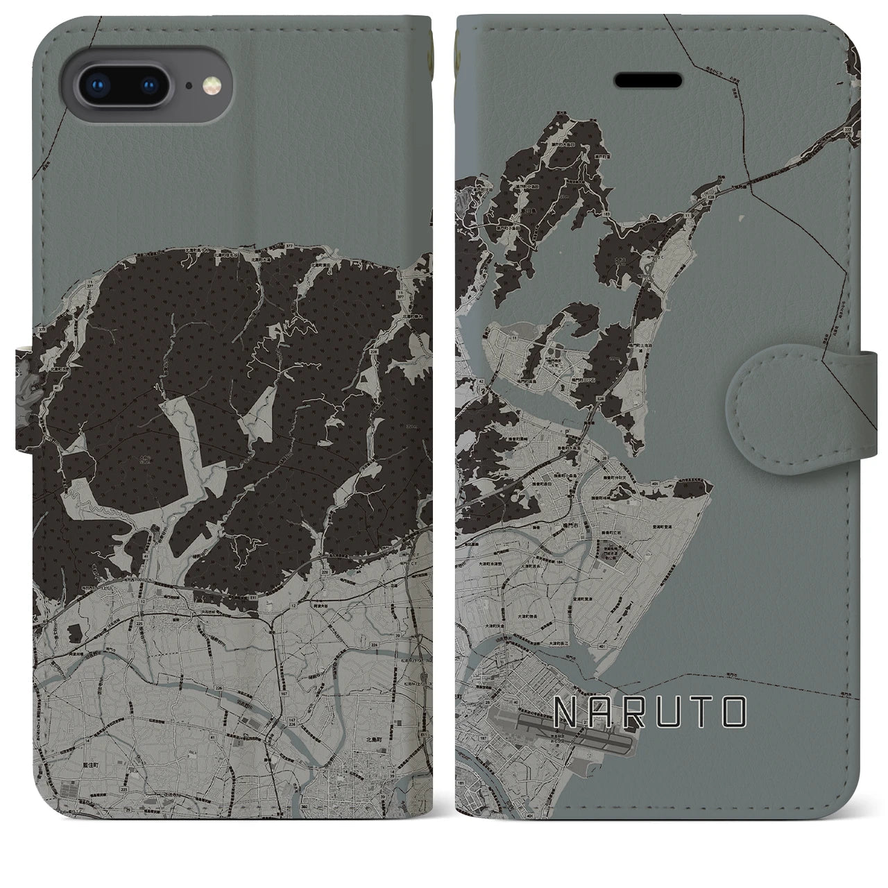 【鳴門(徳島県)】地図柄iPhoneケース(手帳タイプ)モノトーン・iPhone 8Plus /7Plus / 6sPlus / 6Plus 用