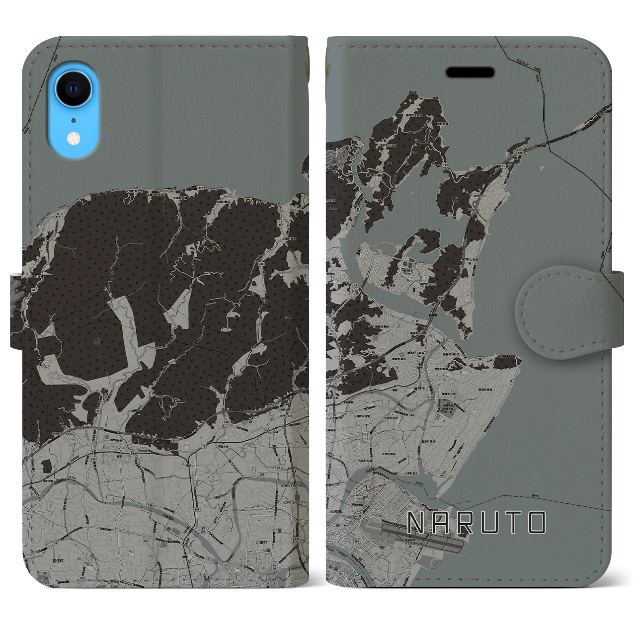 【鳴門(徳島県)】地図柄iPhoneケース(手帳タイプ)モノトーン・iPhone XR 用