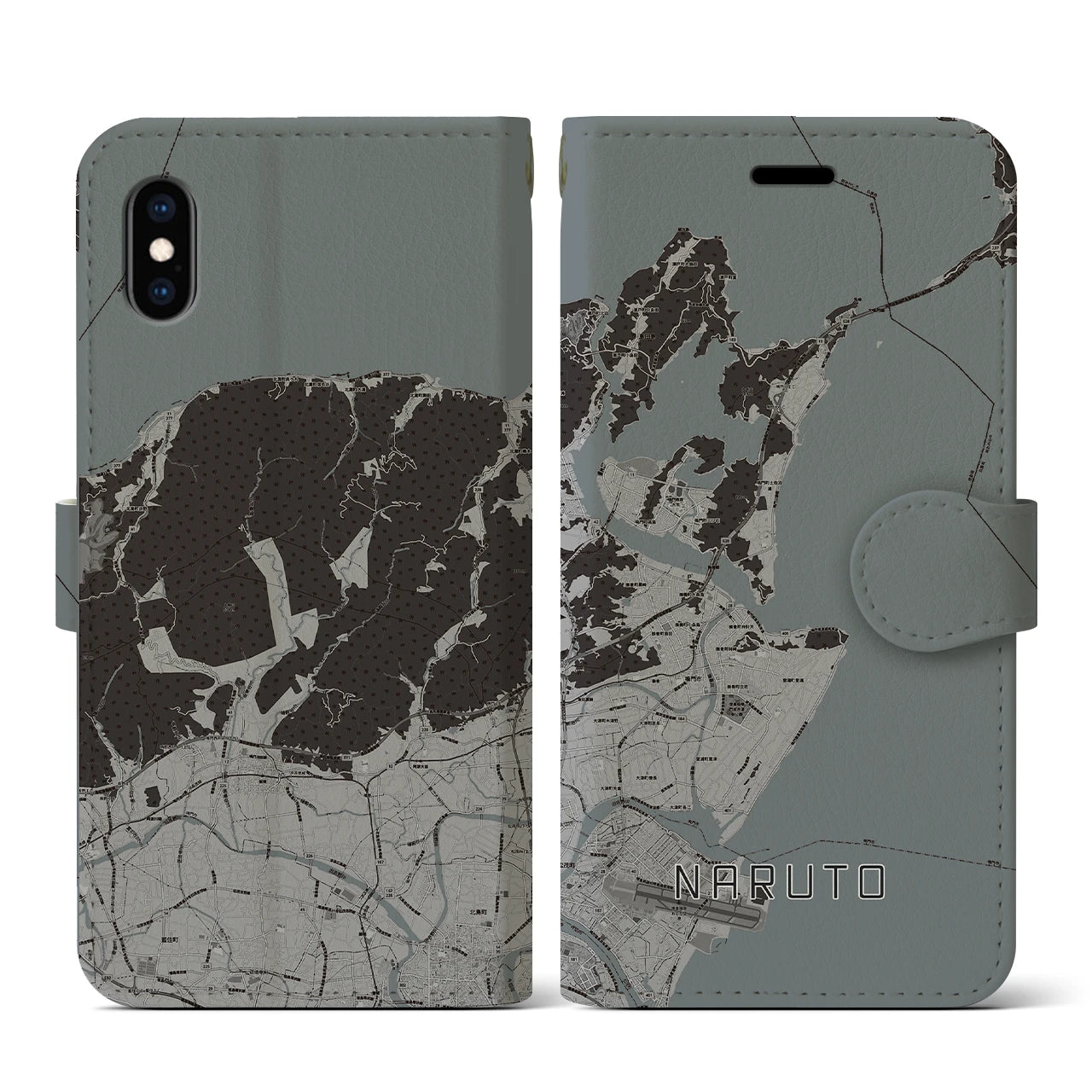 【鳴門(徳島県)】地図柄iPhoneケース(手帳タイプ)モノトーン・iPhone XS / X 用