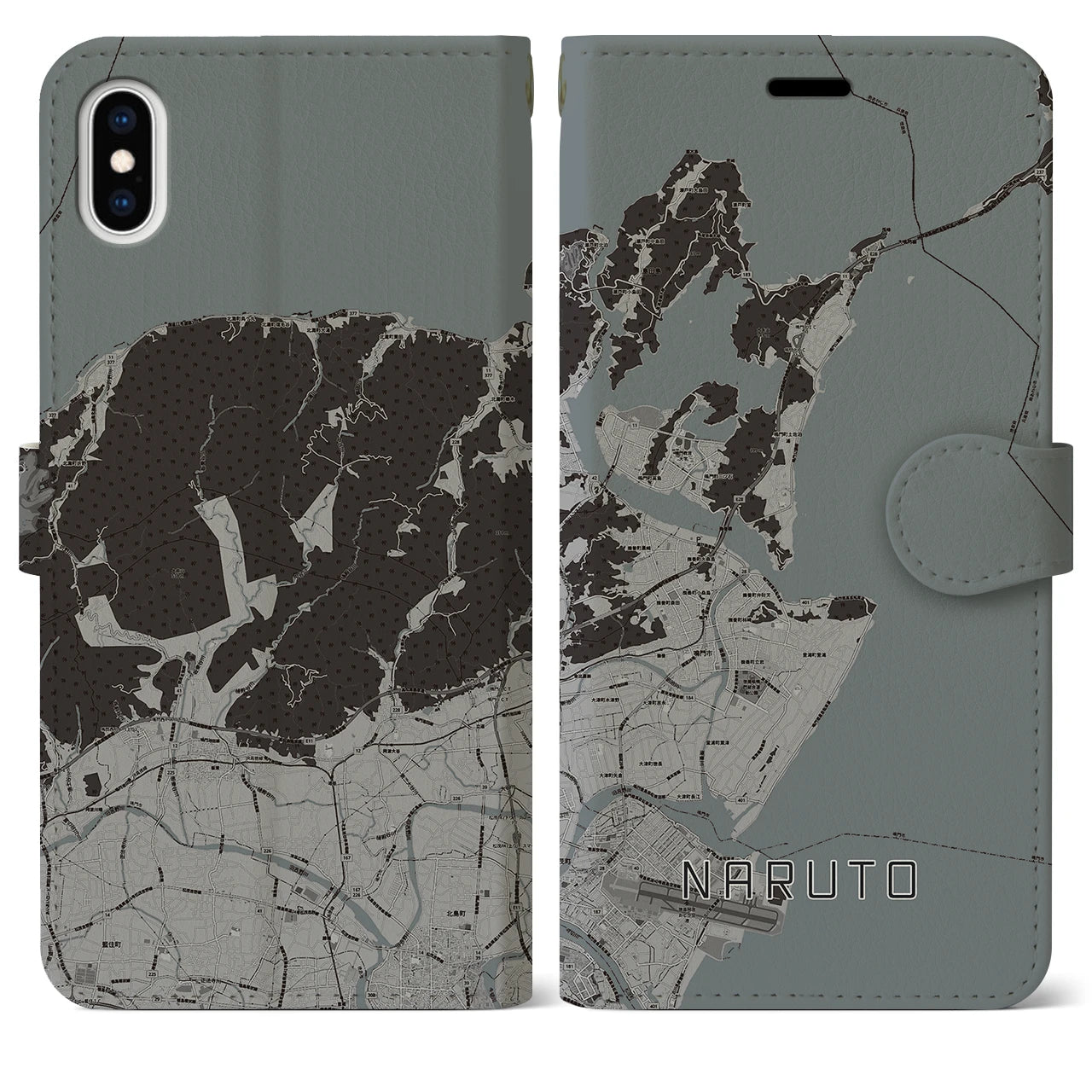 【鳴門(徳島県)】地図柄iPhoneケース(手帳タイプ)モノトーン・iPhone XS Max 用