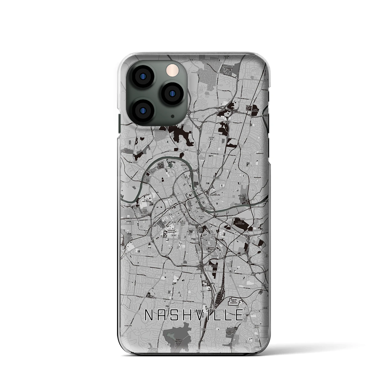 【ナッシュビル(アメリカ)】地図柄iPhoneケース(クリアタイプ)モノトーン・iPhone 11 Pro 用