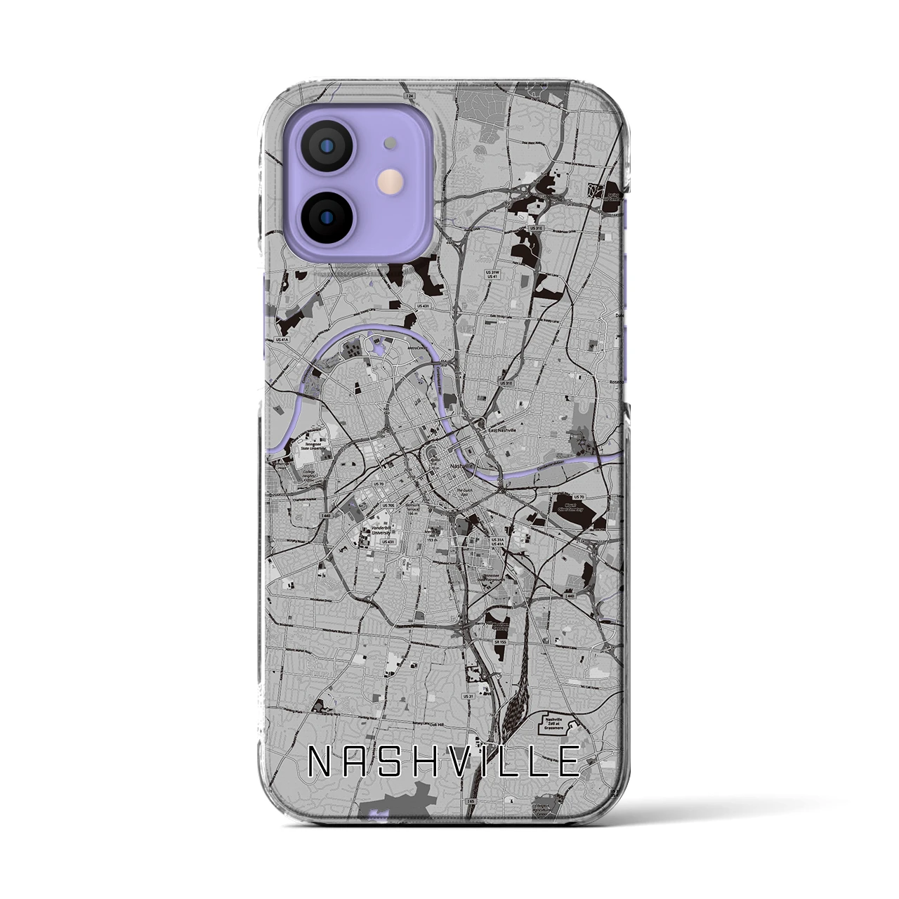 【ナッシュビル(アメリカ)】地図柄iPhoneケース(クリアタイプ)モノトーン・iPhone 12 / 12 Pro 用