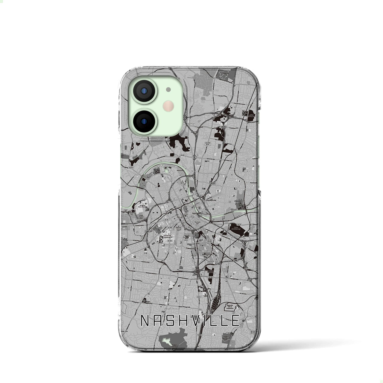 【ナッシュビル(アメリカ)】地図柄iPhoneケース(クリアタイプ)モノトーン・iPhone 12 mini 用