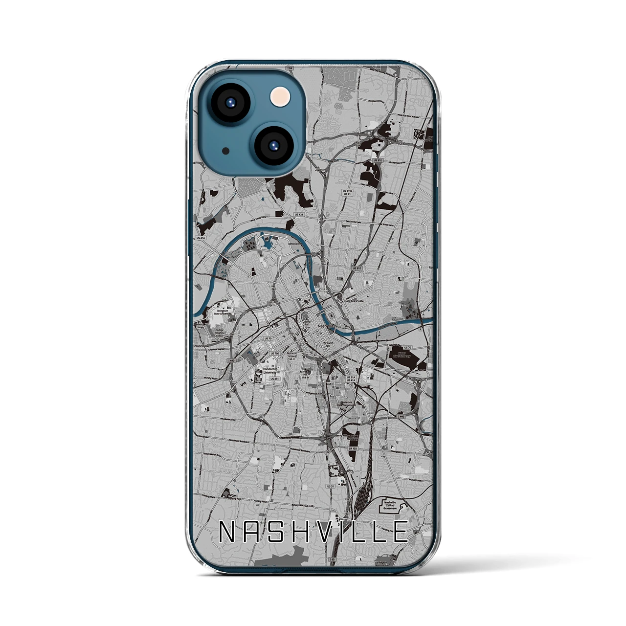 【ナッシュビル(アメリカ)】地図柄iPhoneケース(クリアタイプ)モノトーン・iPhone 13 用