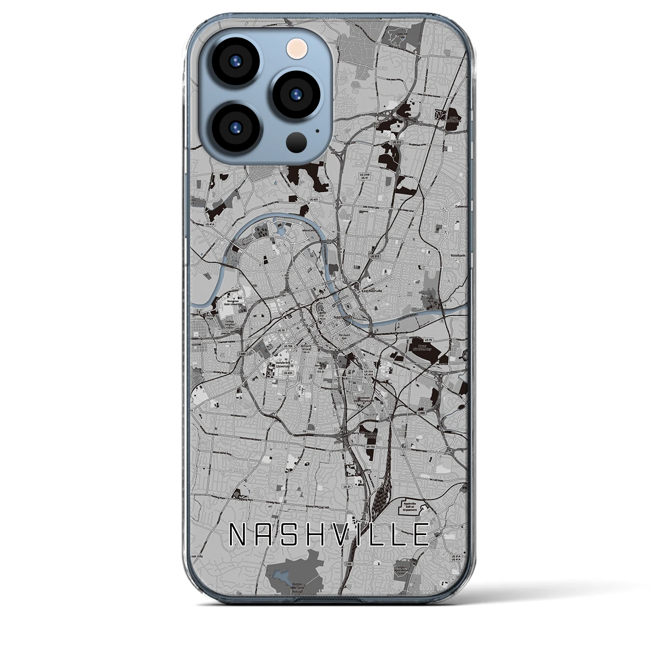 【ナッシュビル(アメリカ)】地図柄iPhoneケース(クリアタイプ)モノトーン・iPhone 13 Pro Max 用