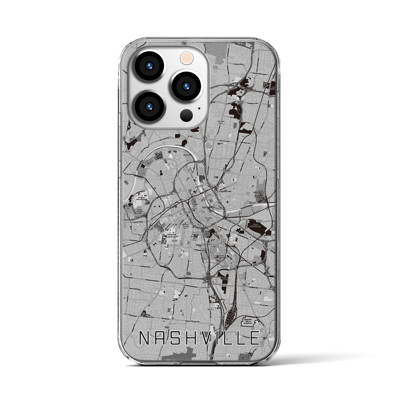 【ナッシュビル(アメリカ)】地図柄iPhoneケース(クリアタイプ)モノトーン・iPhone 13 Pro 用