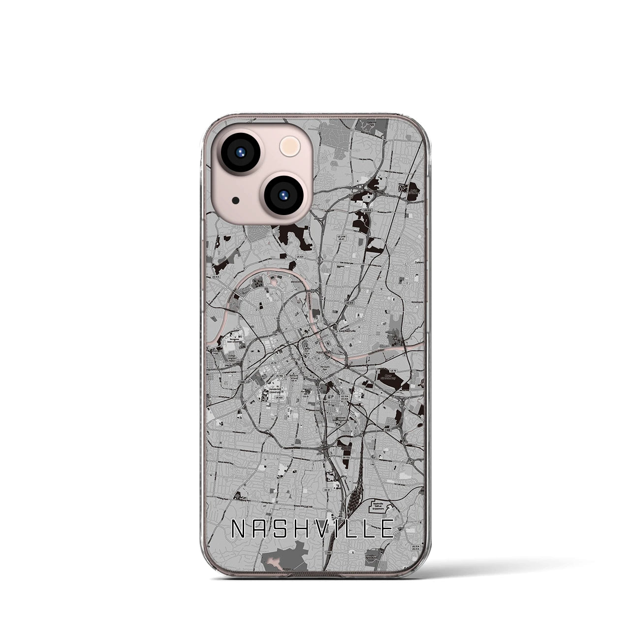 【ナッシュビル(アメリカ)】地図柄iPhoneケース(クリアタイプ)モノトーン・iPhone 13 mini 用