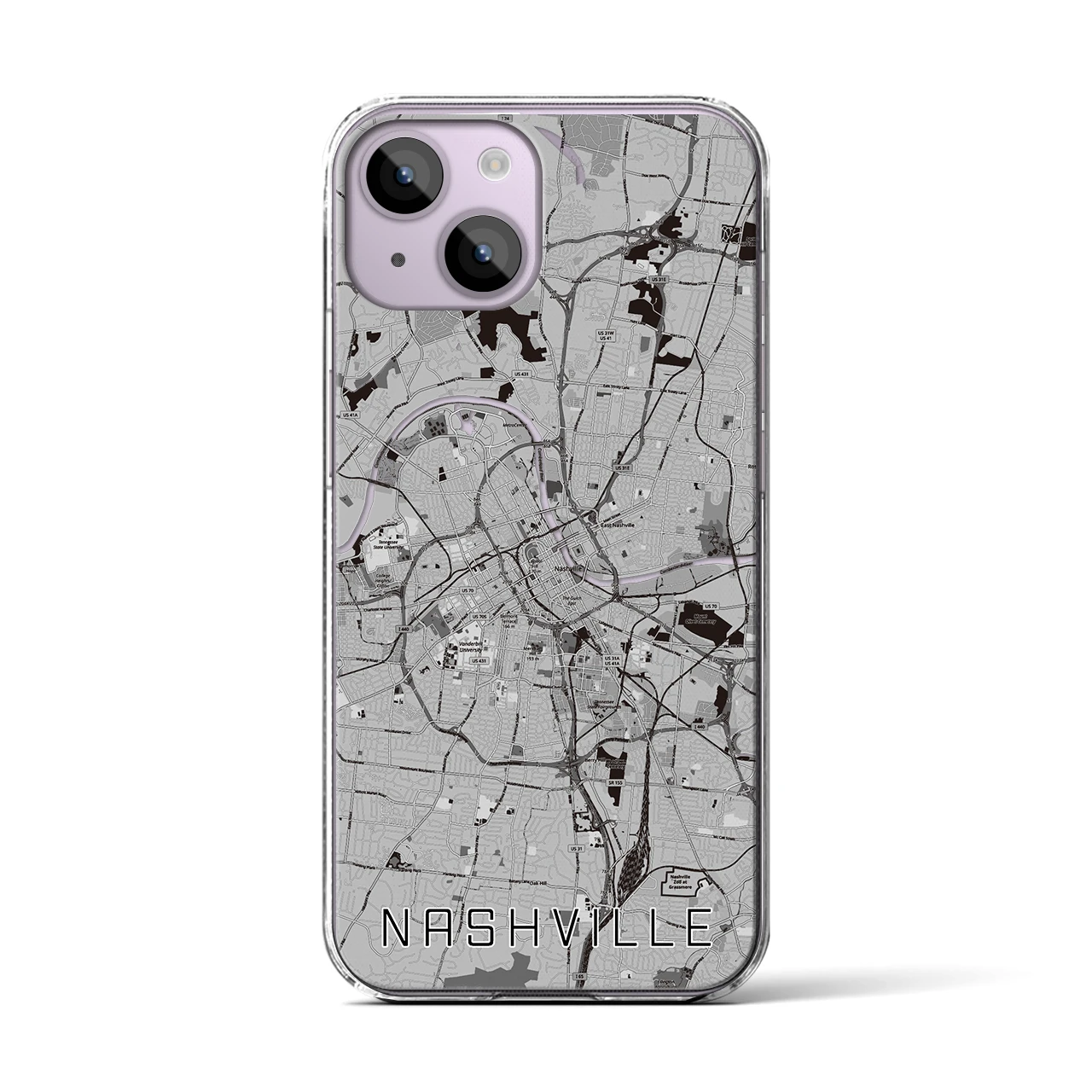 【ナッシュビル(アメリカ)】地図柄iPhoneケース(クリアタイプ)モノトーン・iPhone 14 用