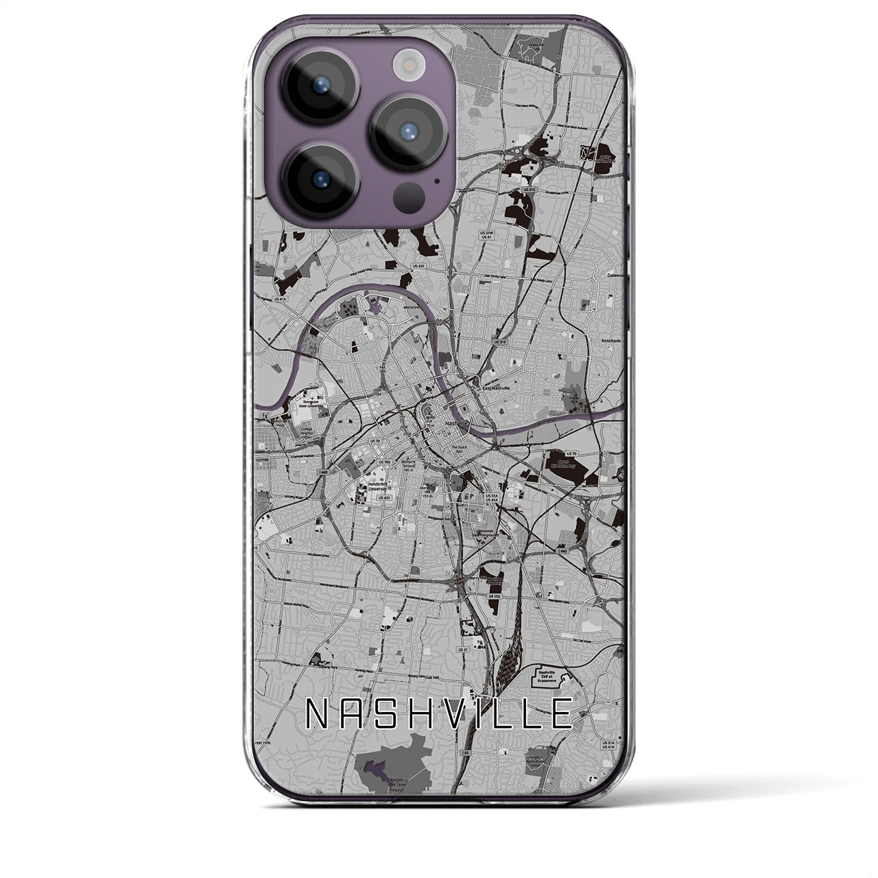 【ナッシュビル(アメリカ)】地図柄iPhoneケース(クリアタイプ)モノトーン・iPhone 14 Pro Max 用