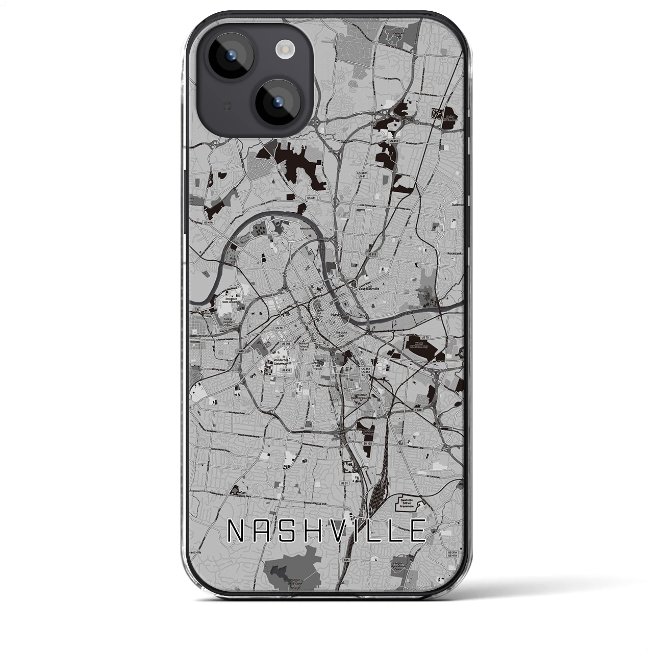 【ナッシュビル(アメリカ)】地図柄iPhoneケース(クリアタイプ)モノトーン・iPhone 14 Plus 用
