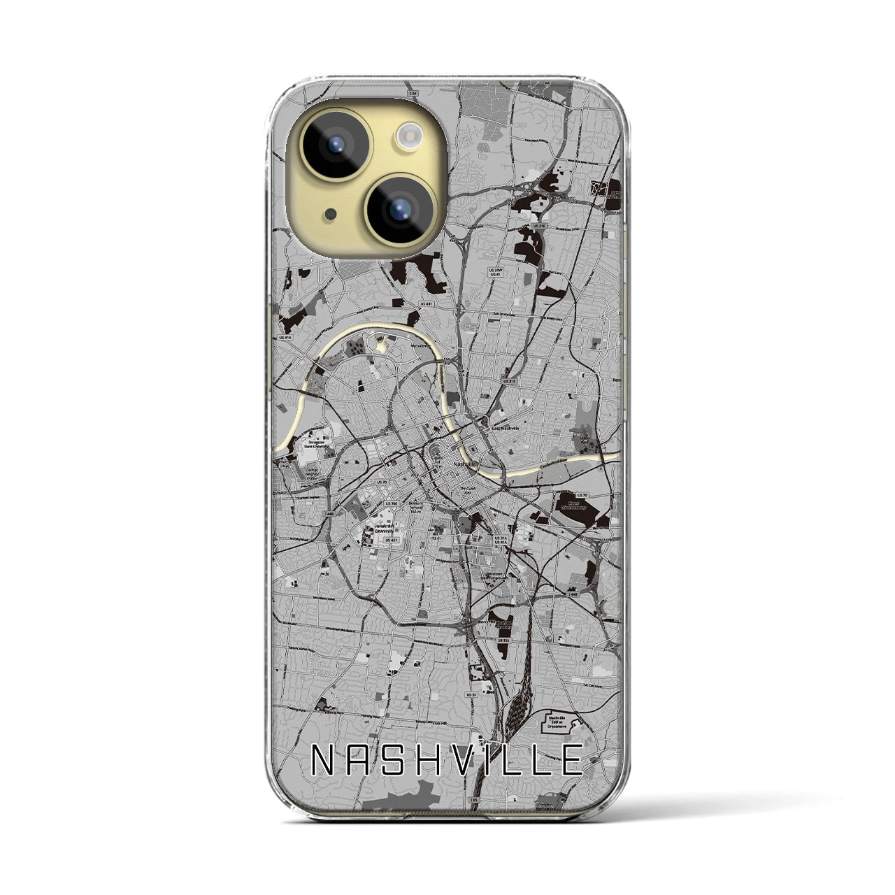 【ナッシュビル(アメリカ)】地図柄iPhoneケース(クリアタイプ)モノトーン・iPhone 15 用
