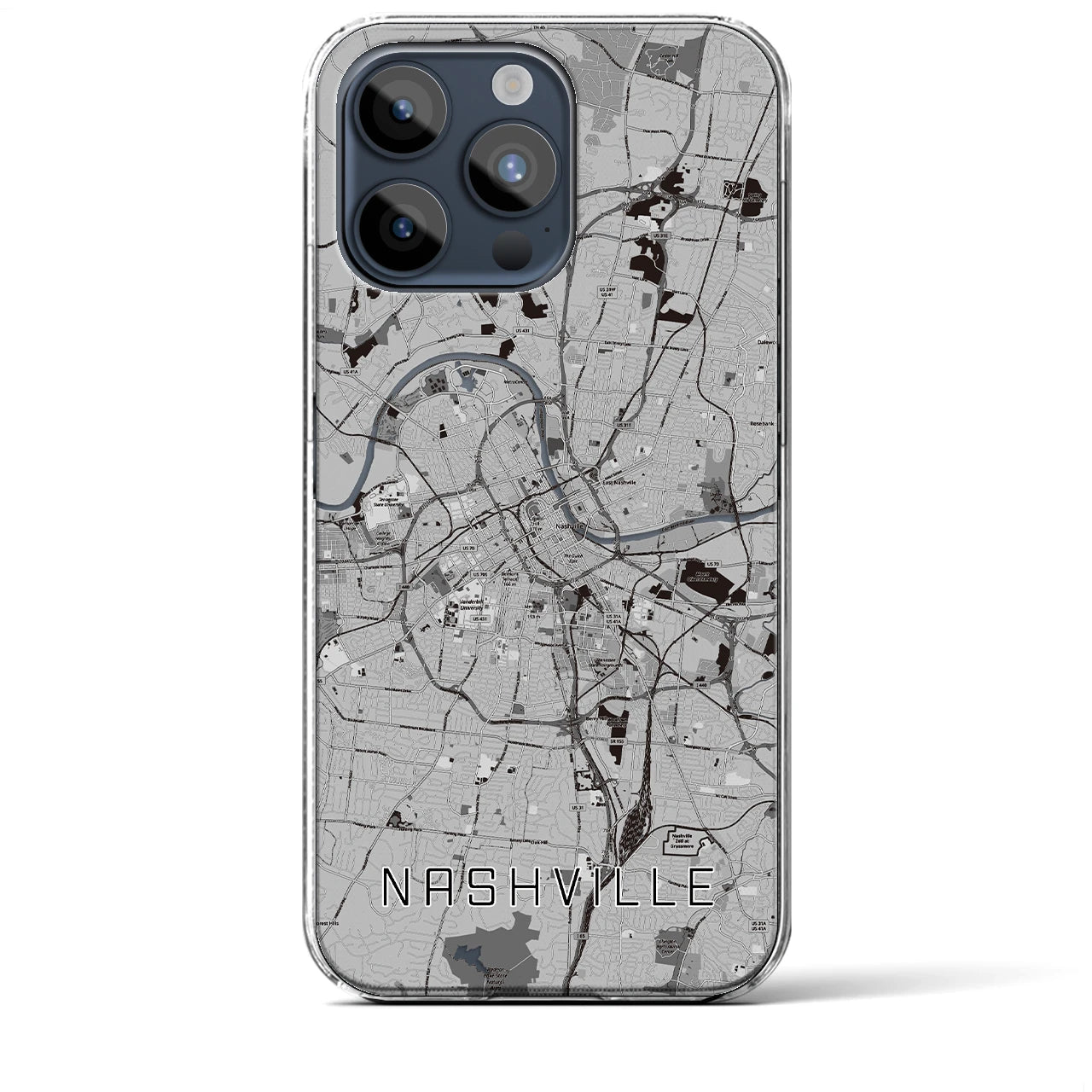 【ナッシュビル(アメリカ)】地図柄iPhoneケース(クリアタイプ)モノトーン・iPhone 15 Pro Max 用
