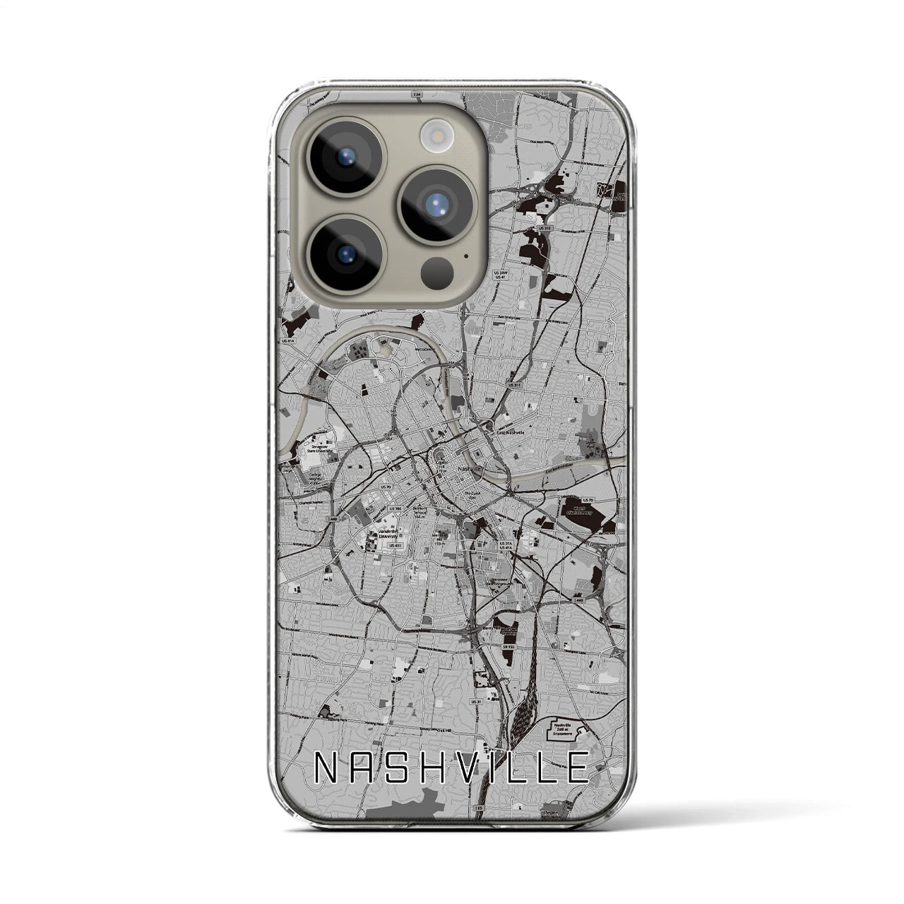 【ナッシュビル(アメリカ)】地図柄iPhoneケース(クリアタイプ)モノトーン・iPhone 15 Pro 用