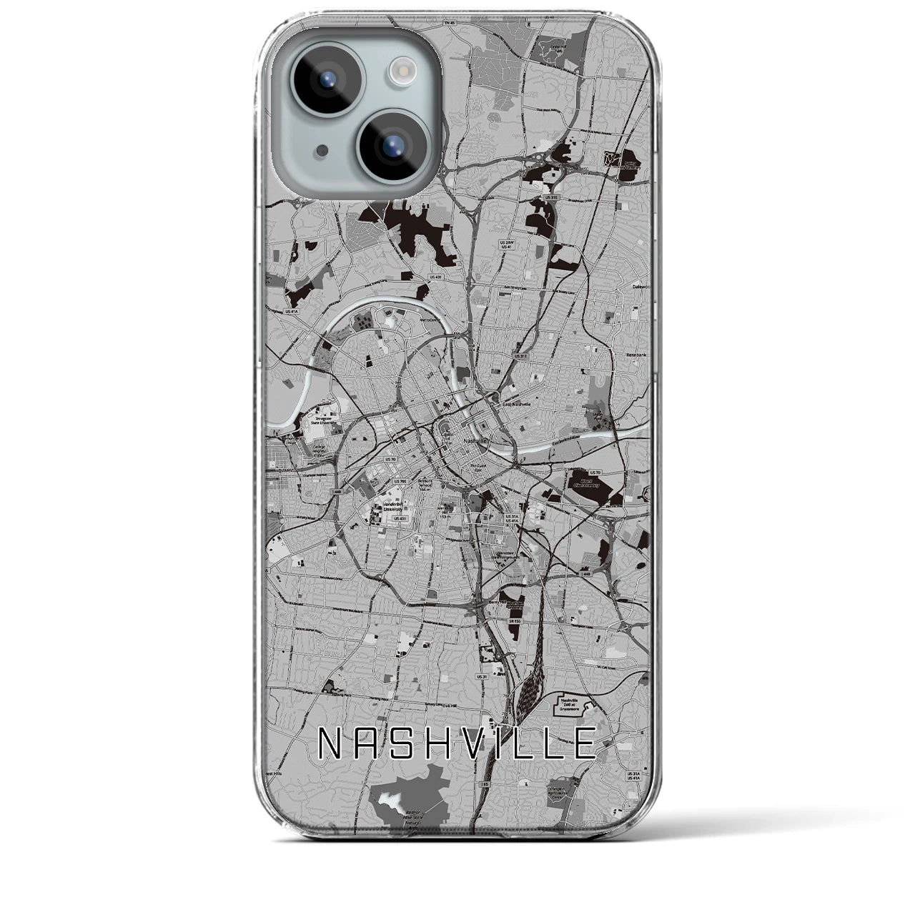 【ナッシュビル(アメリカ)】地図柄iPhoneケース(クリアタイプ)モノトーン・iPhone 15 Plus 用