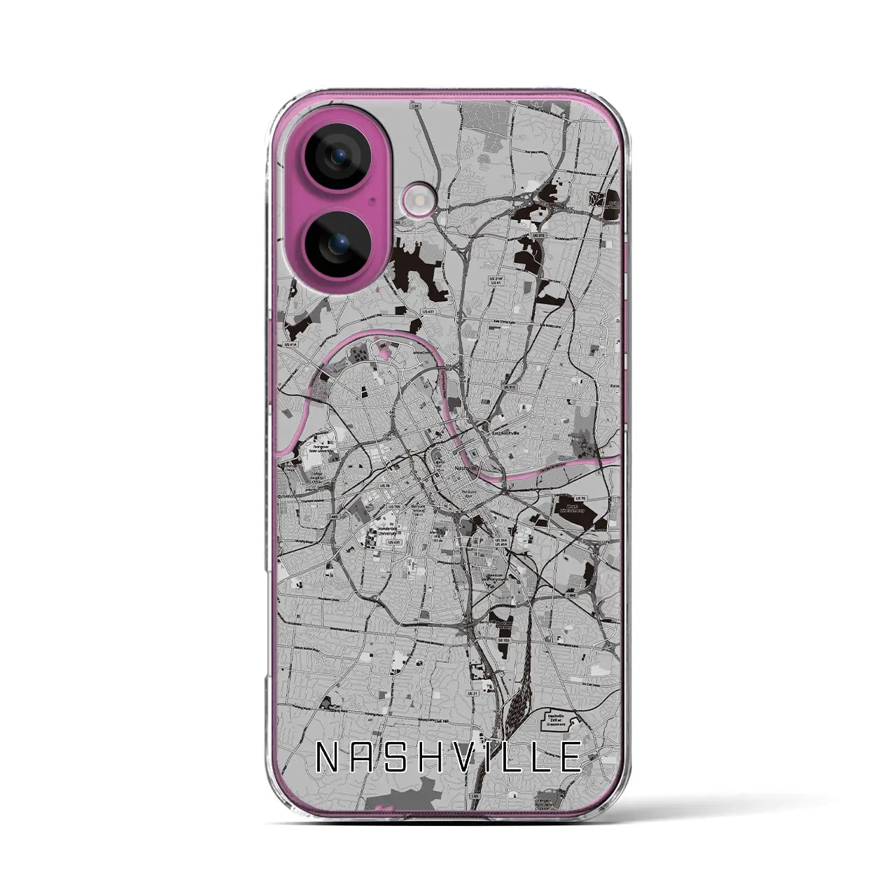 【ナッシュビル(アメリカ)】地図柄iPhoneケース(クリアタイプ)モノトーン・iPhone 16 Pro 用