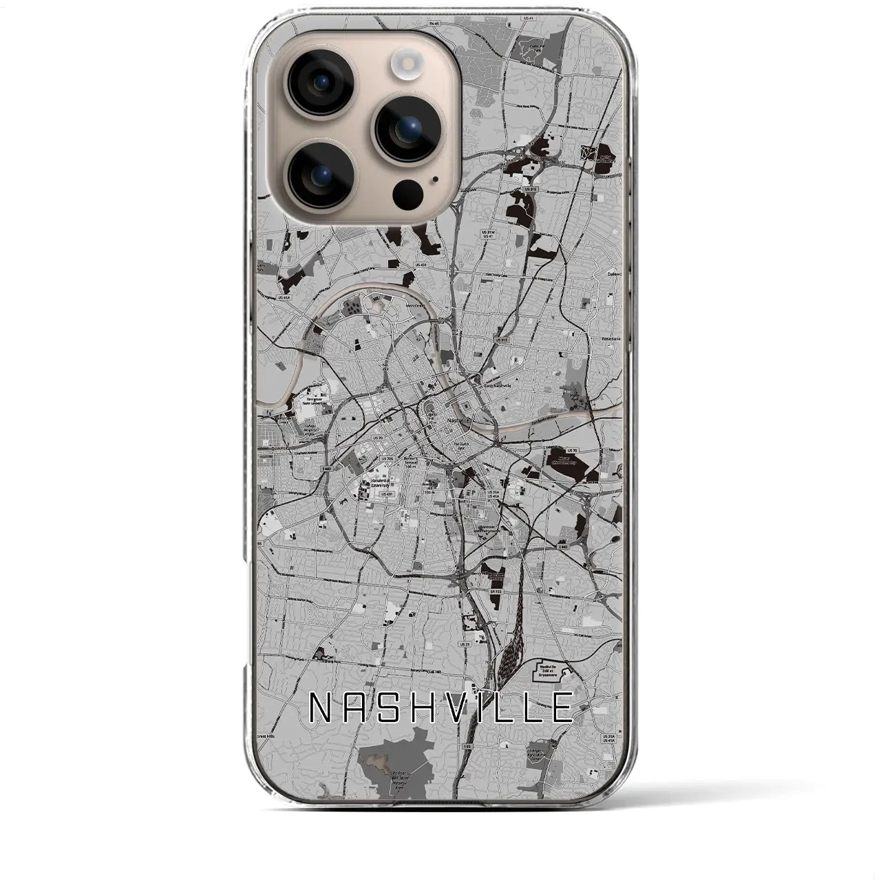 【ナッシュビル(アメリカ)】地図柄iPhoneケース(クリアタイプ)モノトーン・iPhone 16 Plus 用