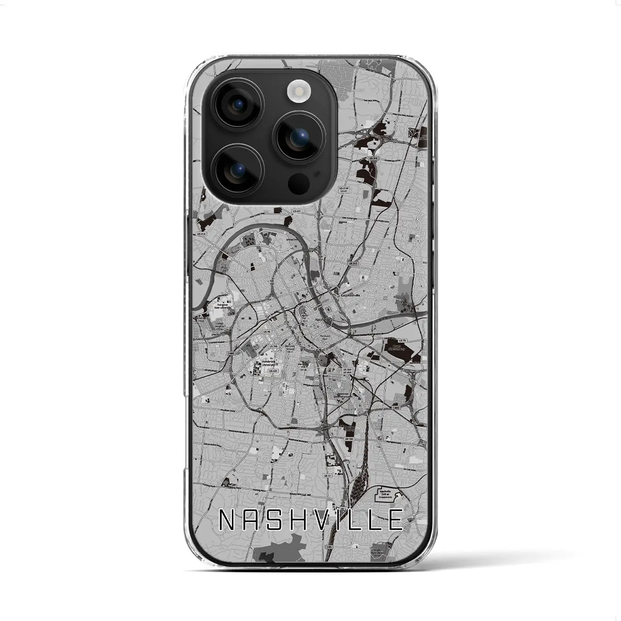 【ナッシュビル(アメリカ)】地図柄iPhoneケース(クリアタイプ)モノトーン・iPhone 16 用