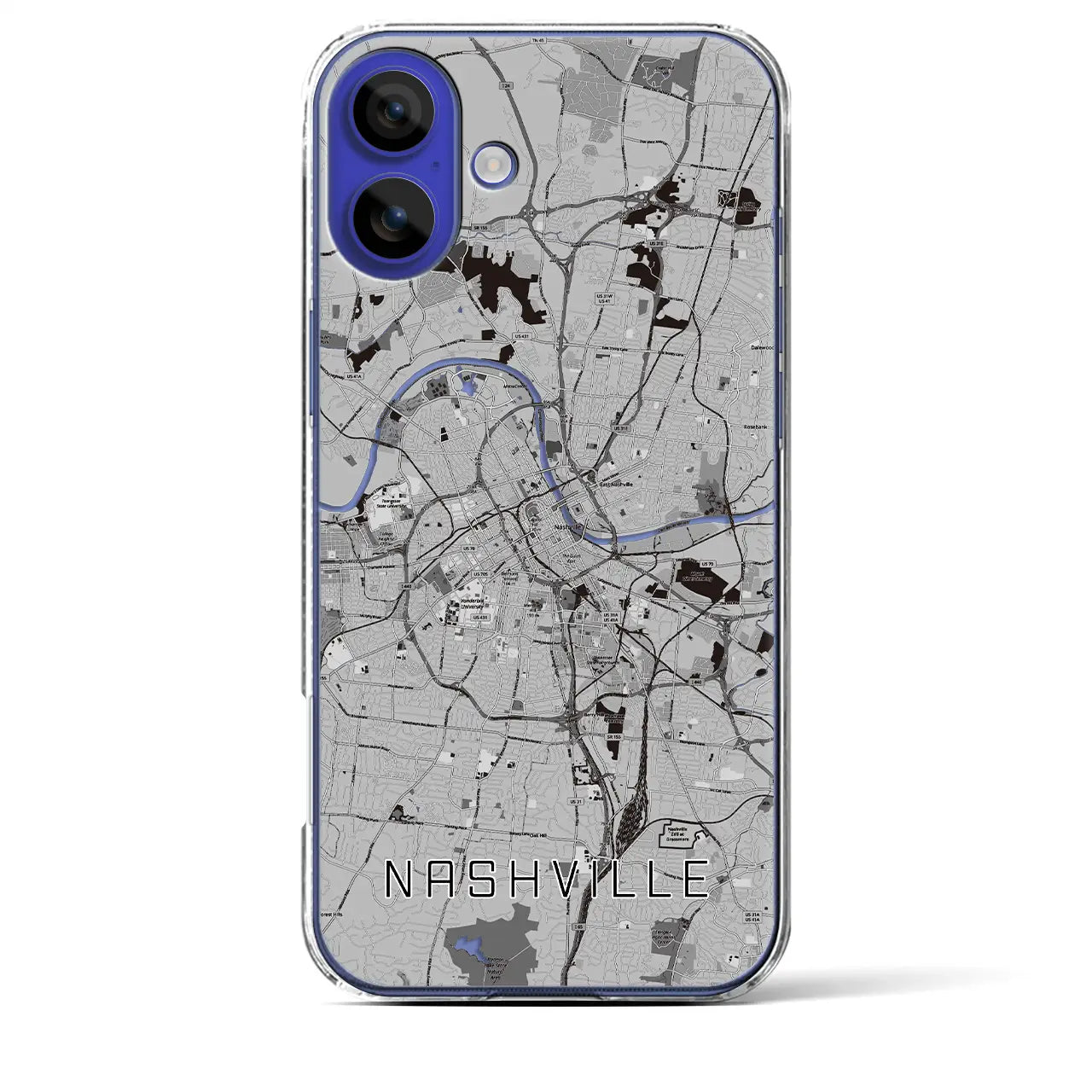 【ナッシュビル(アメリカ)】地図柄iPhoneケース(クリアタイプ)モノトーン・iPhone 16 Pro Max 用
