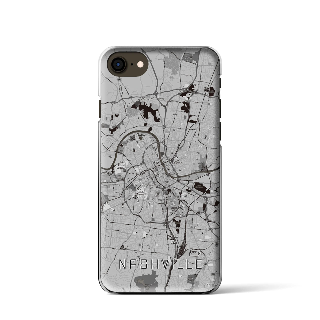 【ナッシュビル(アメリカ)】地図柄iPhoneケース(クリアタイプ)モノトーン・iPhone SE(第3 / 第2世代) / 8 / 7 / 6s / 6 用