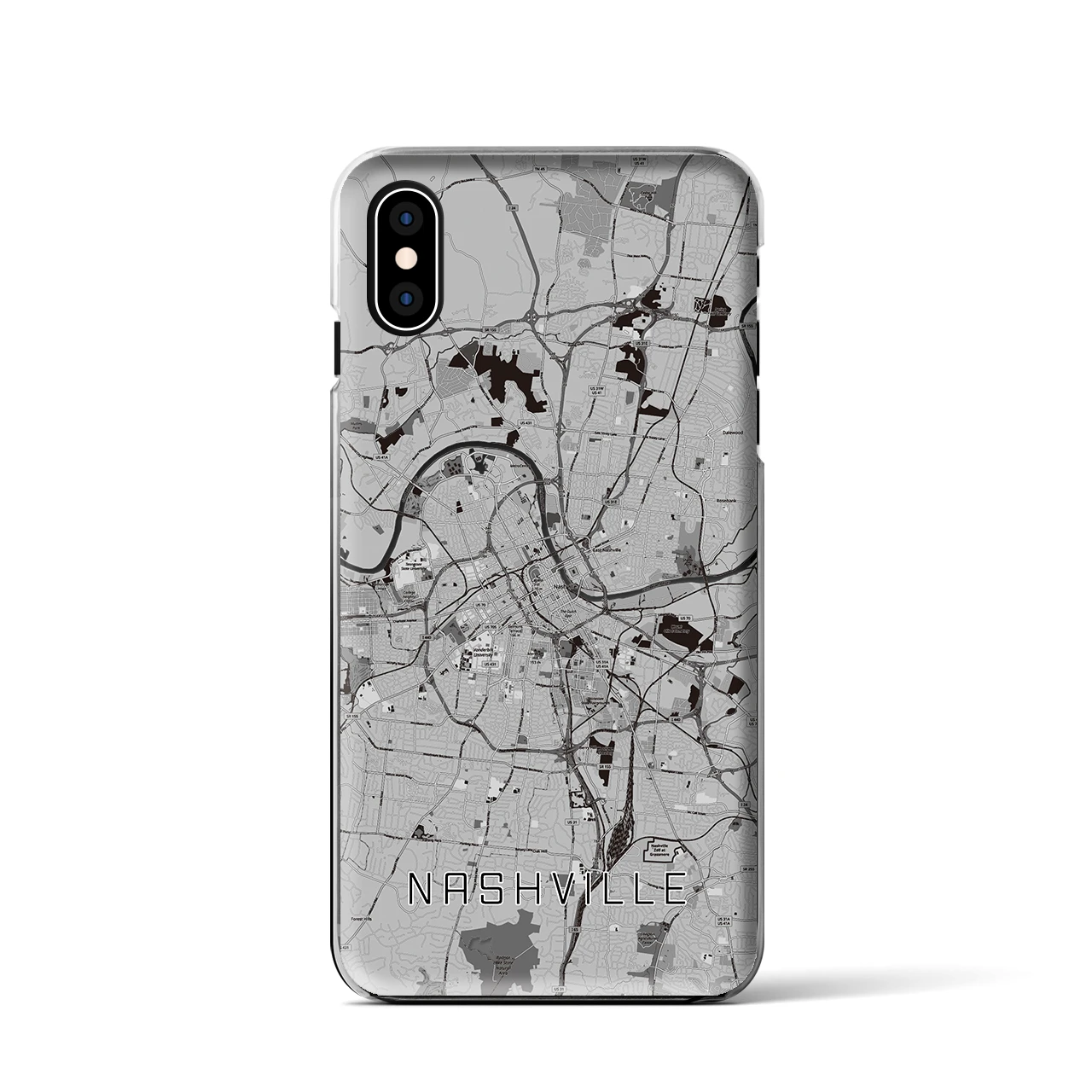【ナッシュビル(アメリカ)】地図柄iPhoneケース(クリアタイプ)モノトーン・iPhone XS / X 用
