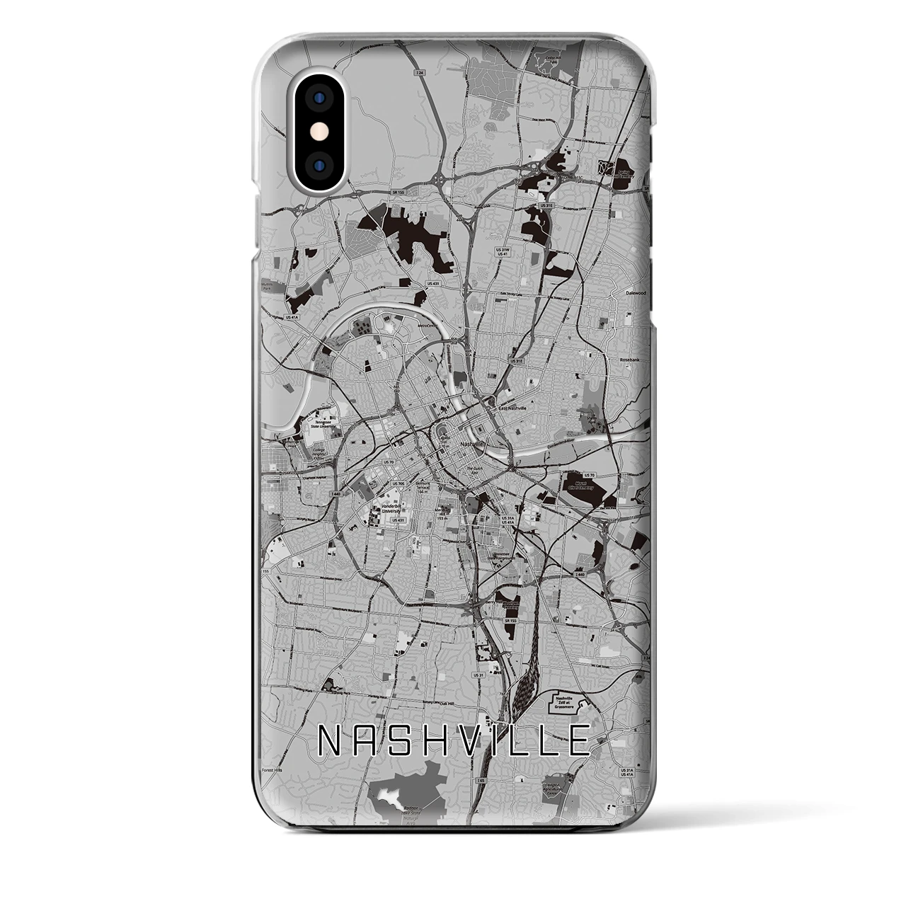 【ナッシュビル(アメリカ)】地図柄iPhoneケース(クリアタイプ)モノトーン・iPhone XS Max 用