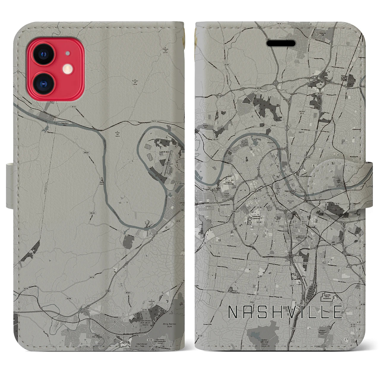 【ナッシュビル(アメリカ)】地図柄iPhoneケース(手帳タイプ)モノトーン・iPhone 11 用