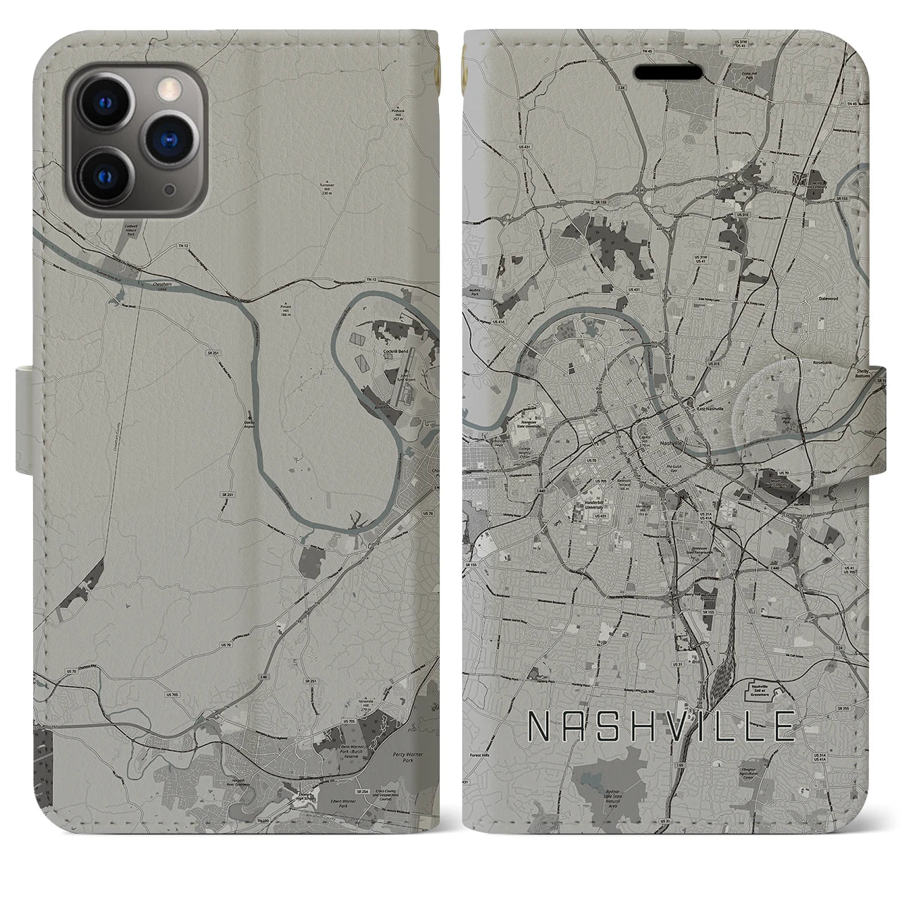 【ナッシュビル(アメリカ)】地図柄iPhoneケース(手帳タイプ)モノトーン・iPhone 11 Pro Max 用