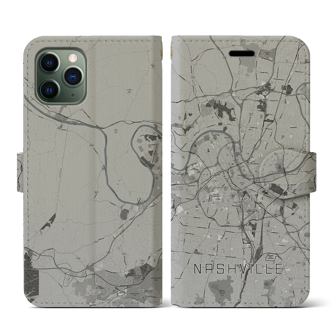 【ナッシュビル(アメリカ)】地図柄iPhoneケース(手帳タイプ)モノトーン・iPhone 11 Pro 用