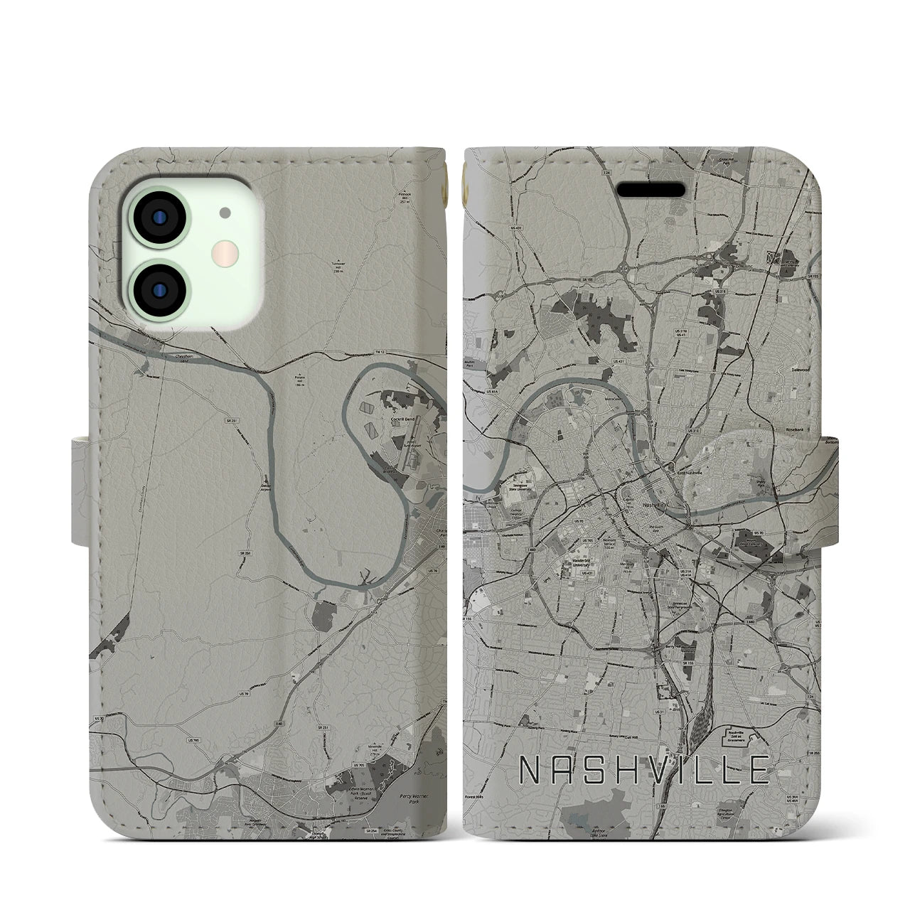 【ナッシュビル(アメリカ)】地図柄iPhoneケース(手帳タイプ)モノトーン・iPhone 12 mini 用