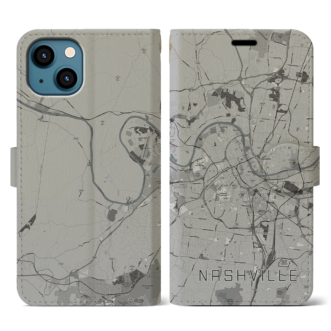 【ナッシュビル(アメリカ)】地図柄iPhoneケース(手帳タイプ)モノトーン・iPhone 13 用