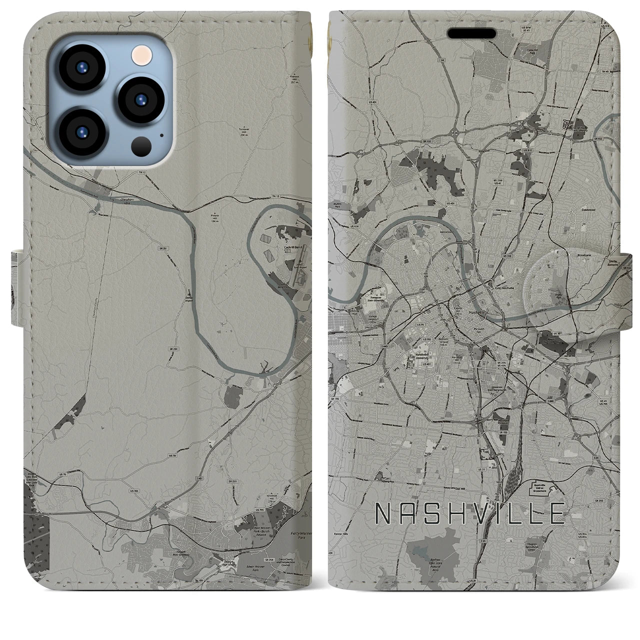 【ナッシュビル(アメリカ)】地図柄iPhoneケース(手帳タイプ)モノトーン・iPhone 13 Pro Max 用