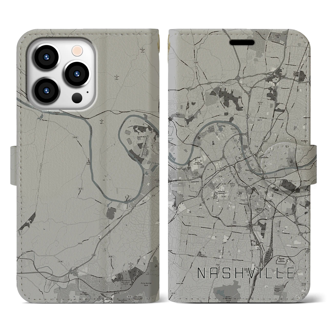 【ナッシュビル(アメリカ)】地図柄iPhoneケース(手帳タイプ)モノトーン・iPhone 13 Pro 用