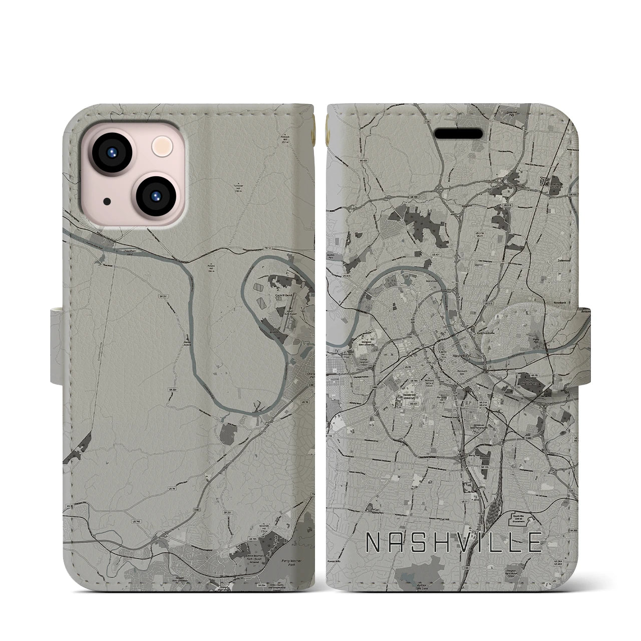 【ナッシュビル(アメリカ)】地図柄iPhoneケース(手帳タイプ)モノトーン・iPhone 13 mini 用