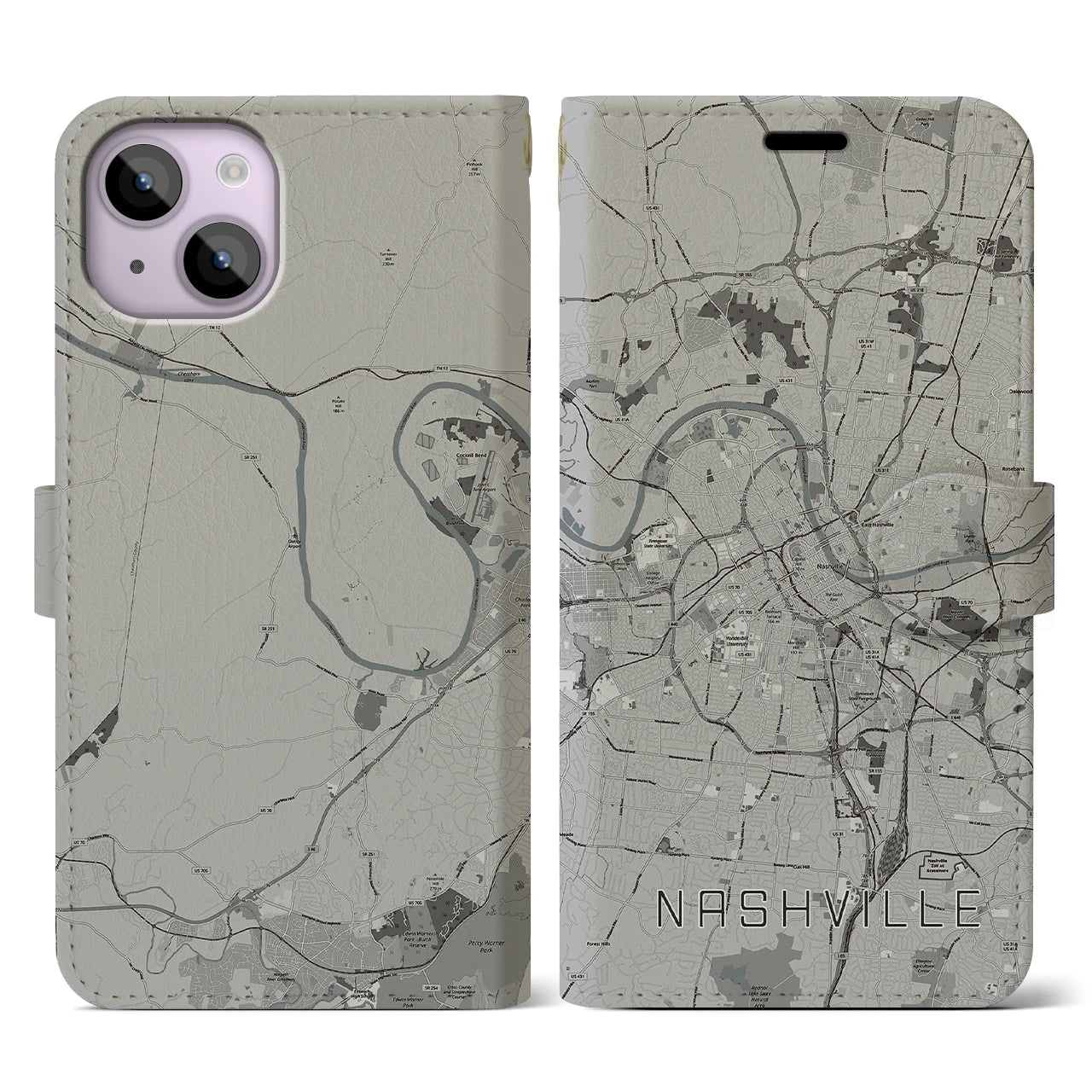 【ナッシュビル(アメリカ)】地図柄iPhoneケース(手帳タイプ)モノトーン・iPhone 14 用