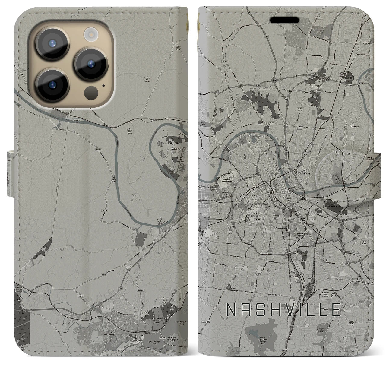【ナッシュビル(アメリカ)】地図柄iPhoneケース(手帳タイプ)モノトーン・iPhone 14 Pro Max 用