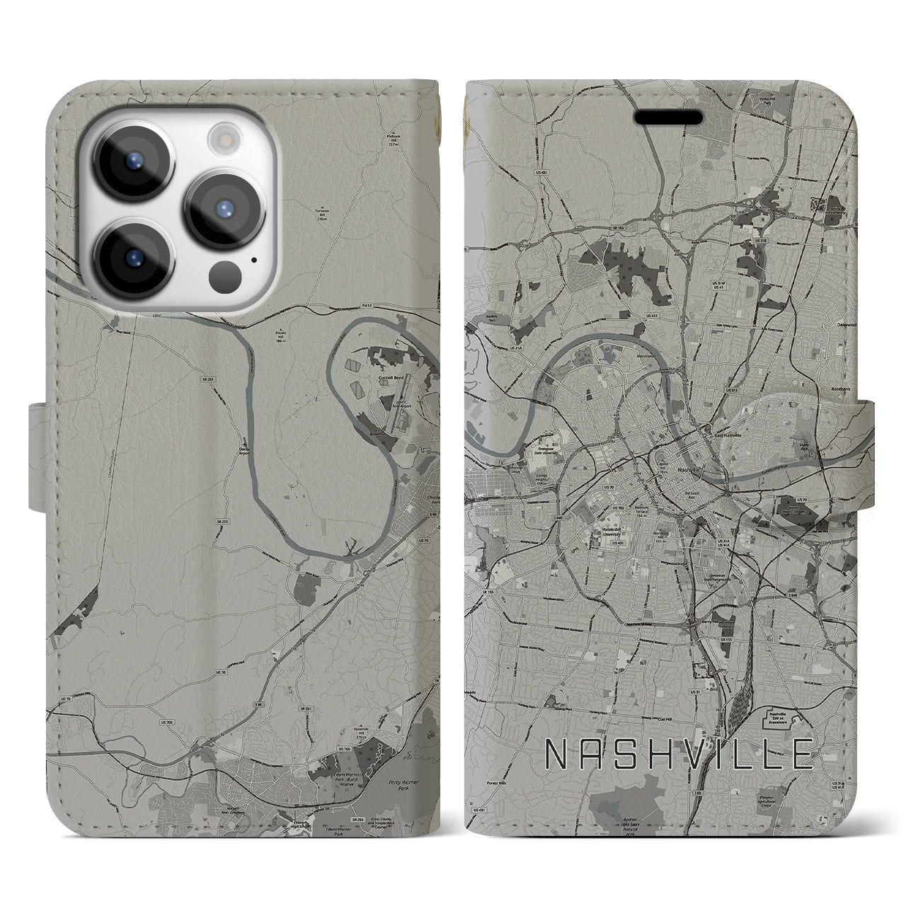 【ナッシュビル(アメリカ)】地図柄iPhoneケース(手帳タイプ)モノトーン・iPhone 14 Pro 用