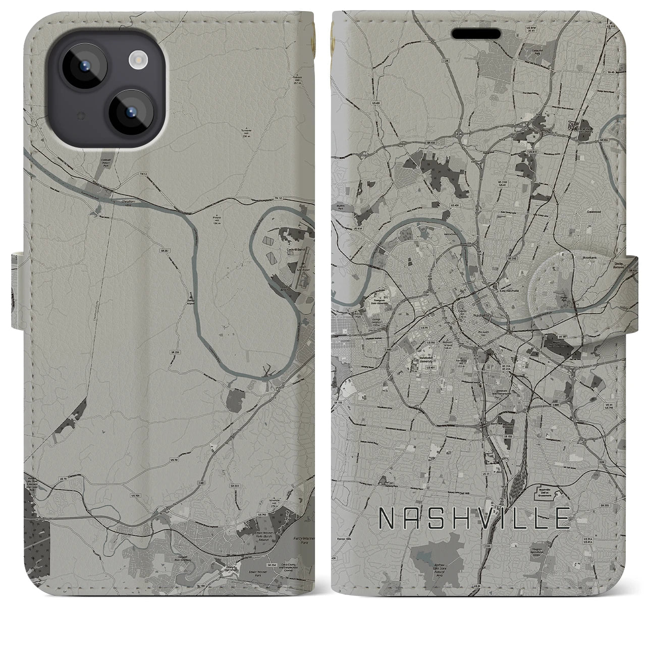 【ナッシュビル(アメリカ)】地図柄iPhoneケース(手帳タイプ)モノトーン・iPhone 14 Plus 用