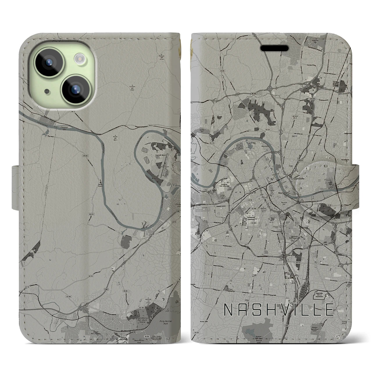 【ナッシュビル(アメリカ)】地図柄iPhoneケース(手帳タイプ)モノトーン・iPhone 15 用