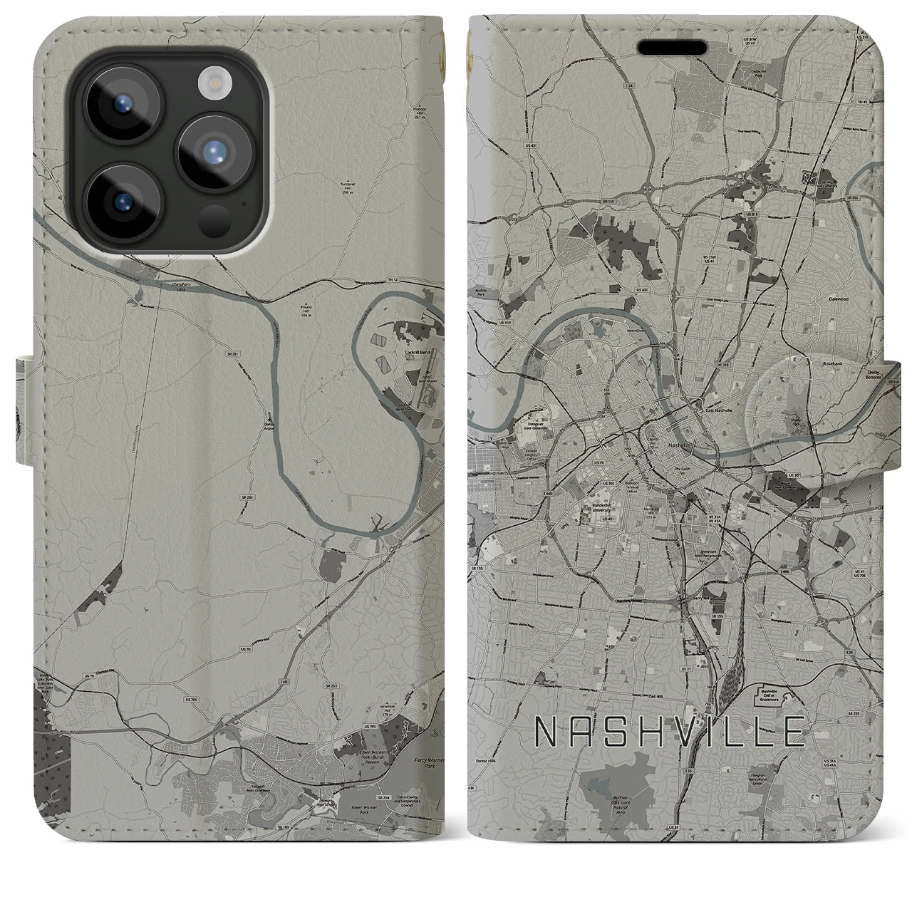 【ナッシュビル(アメリカ)】地図柄iPhoneケース(手帳タイプ)モノトーン・iPhone 15 Pro Max 用