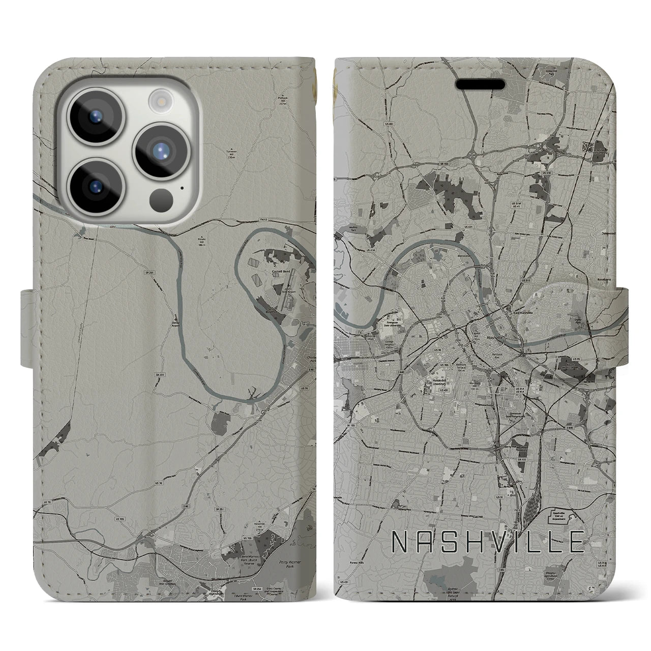 【ナッシュビル(アメリカ)】地図柄iPhoneケース(手帳タイプ)モノトーン・iPhone 15 Pro 用