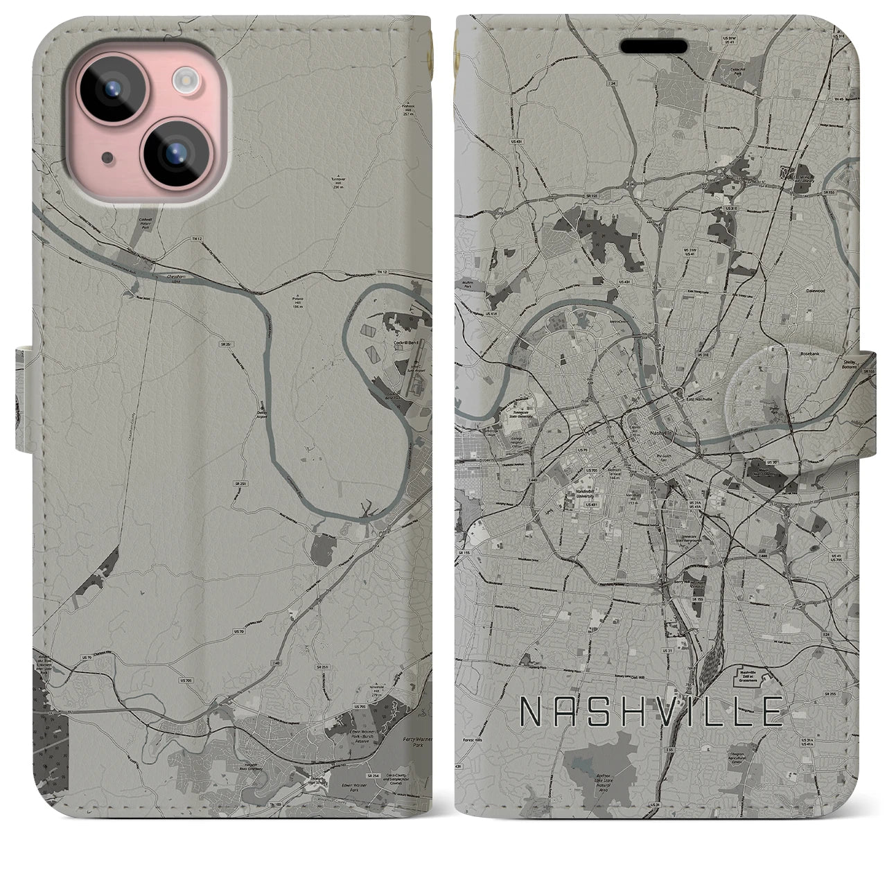 【ナッシュビル(アメリカ)】地図柄iPhoneケース(手帳タイプ)モノトーン・iPhone 15 Plus 用