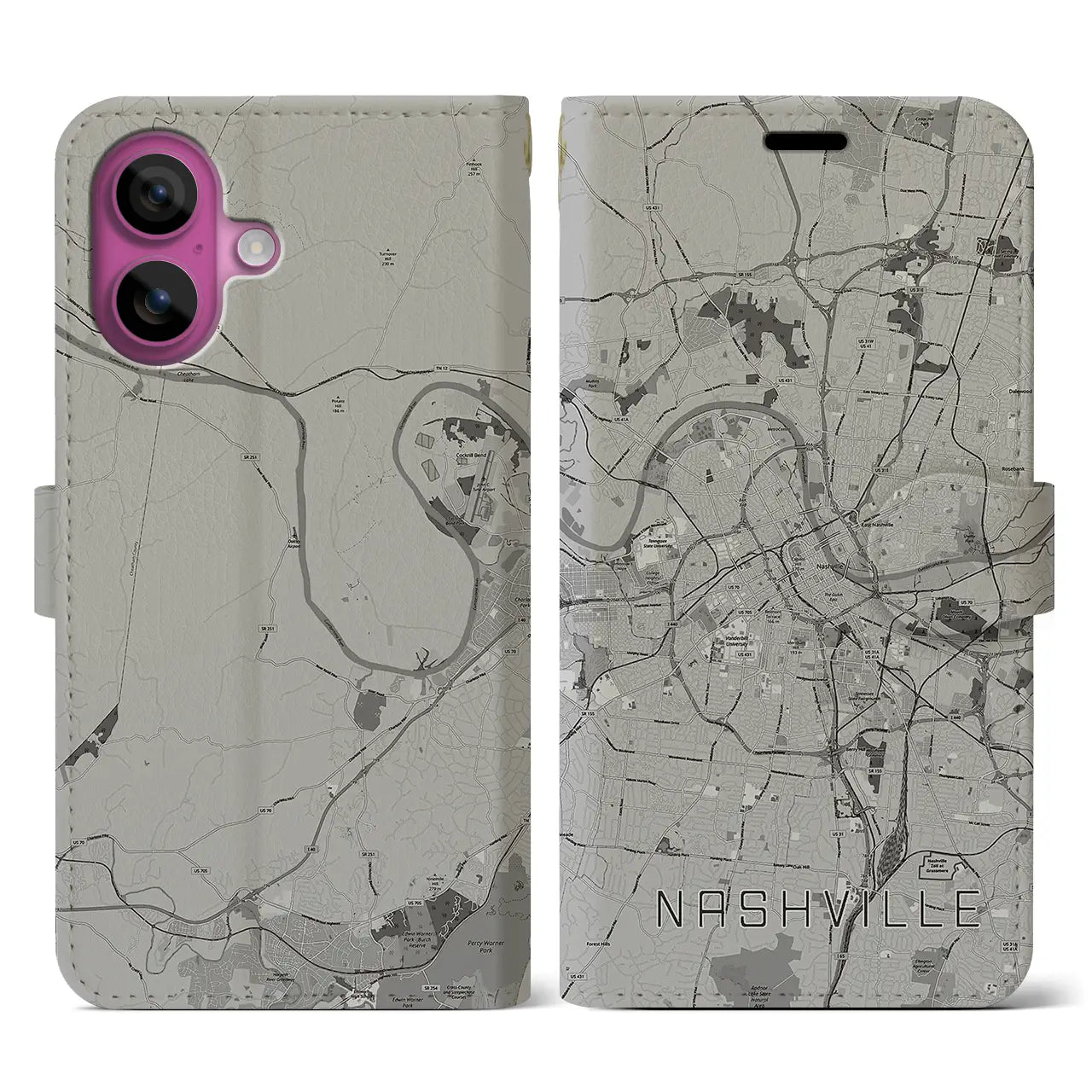 【ナッシュビル(アメリカ)】地図柄iPhoneケース(手帳タイプ)モノトーン・iPhone 16 Pro 用