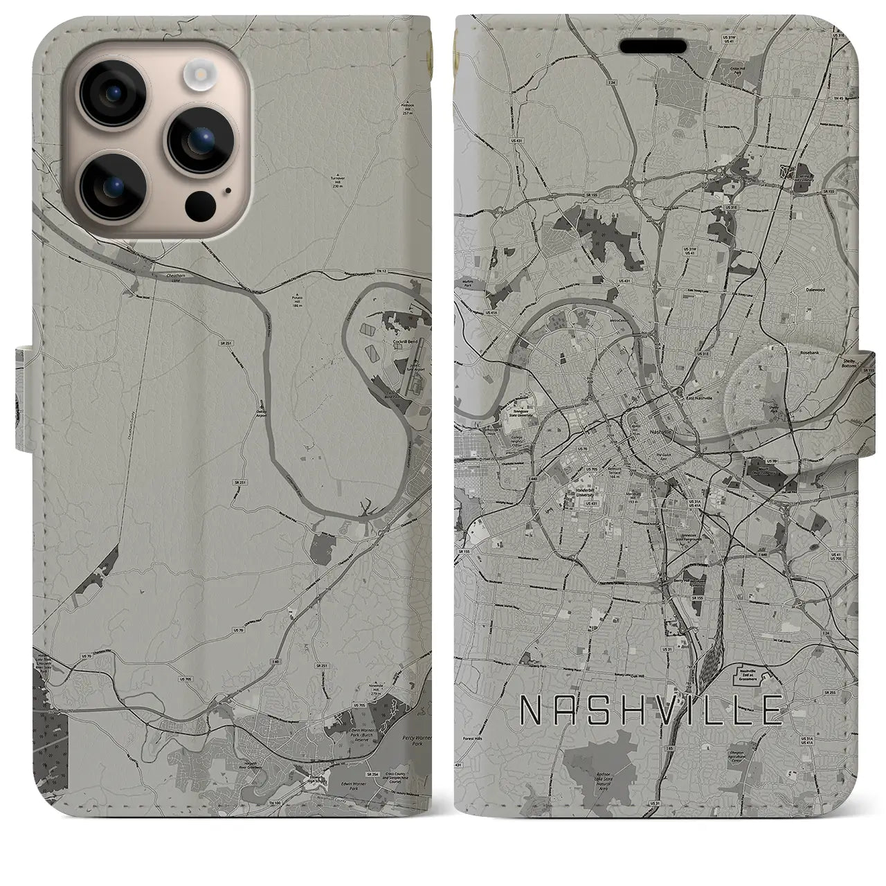 【ナッシュビル(アメリカ)】地図柄iPhoneケース(手帳タイプ)モノトーン・iPhone 16 Plus 用